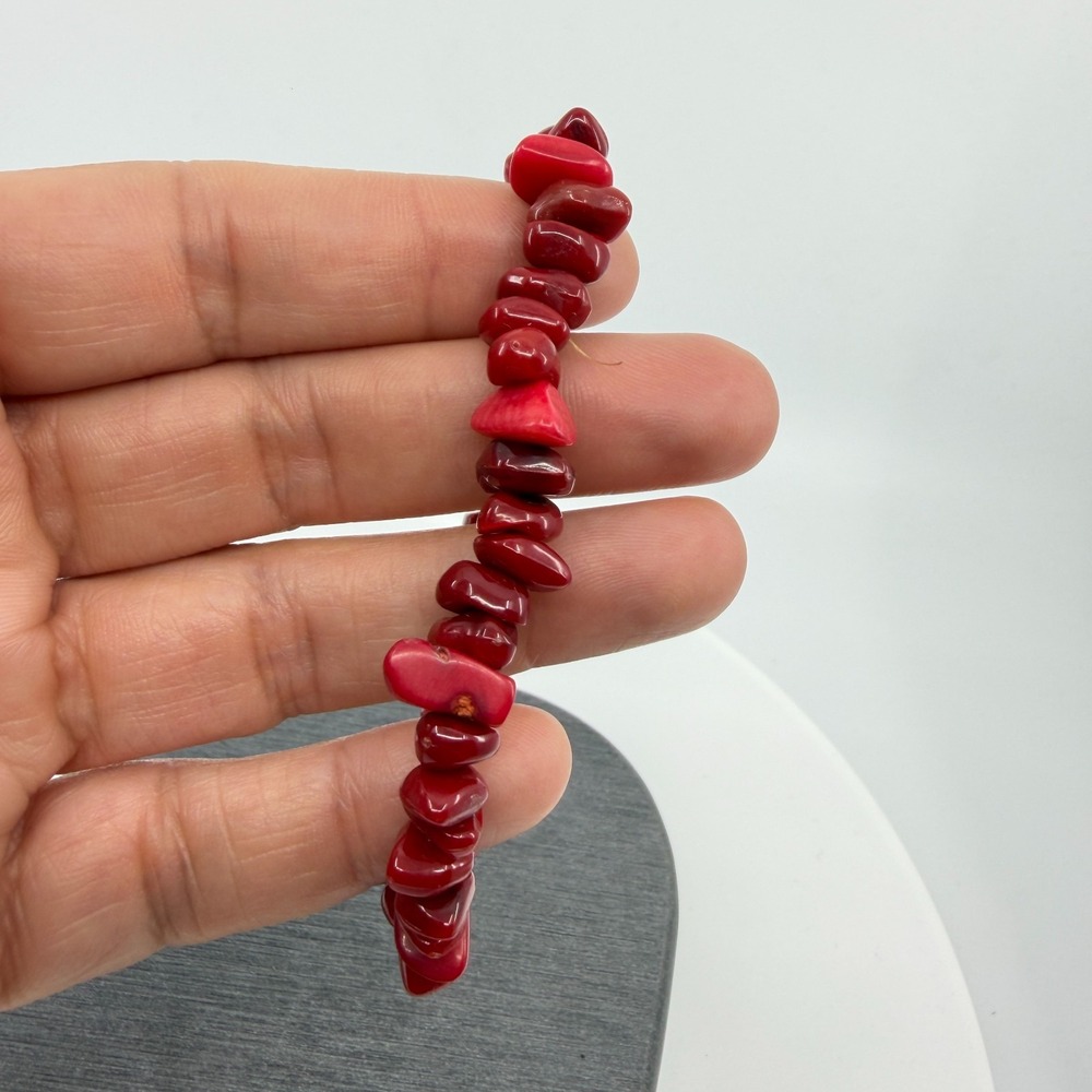 Vibrant Red Coral‎ Chip Stone Stretch Bracelet Boho Festival Layering Statement